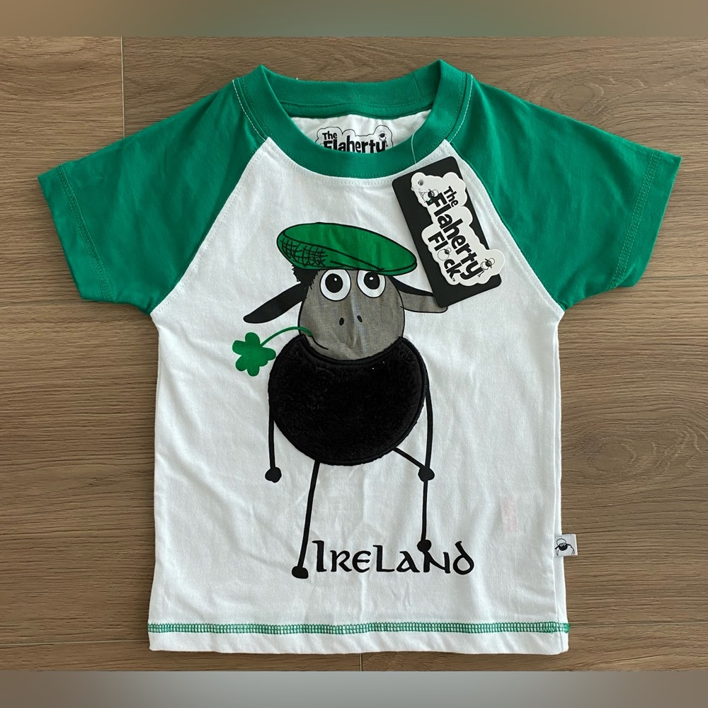 The Flaherty Flock Green and White Ireland Sheep Tee boy's size 1-2Y